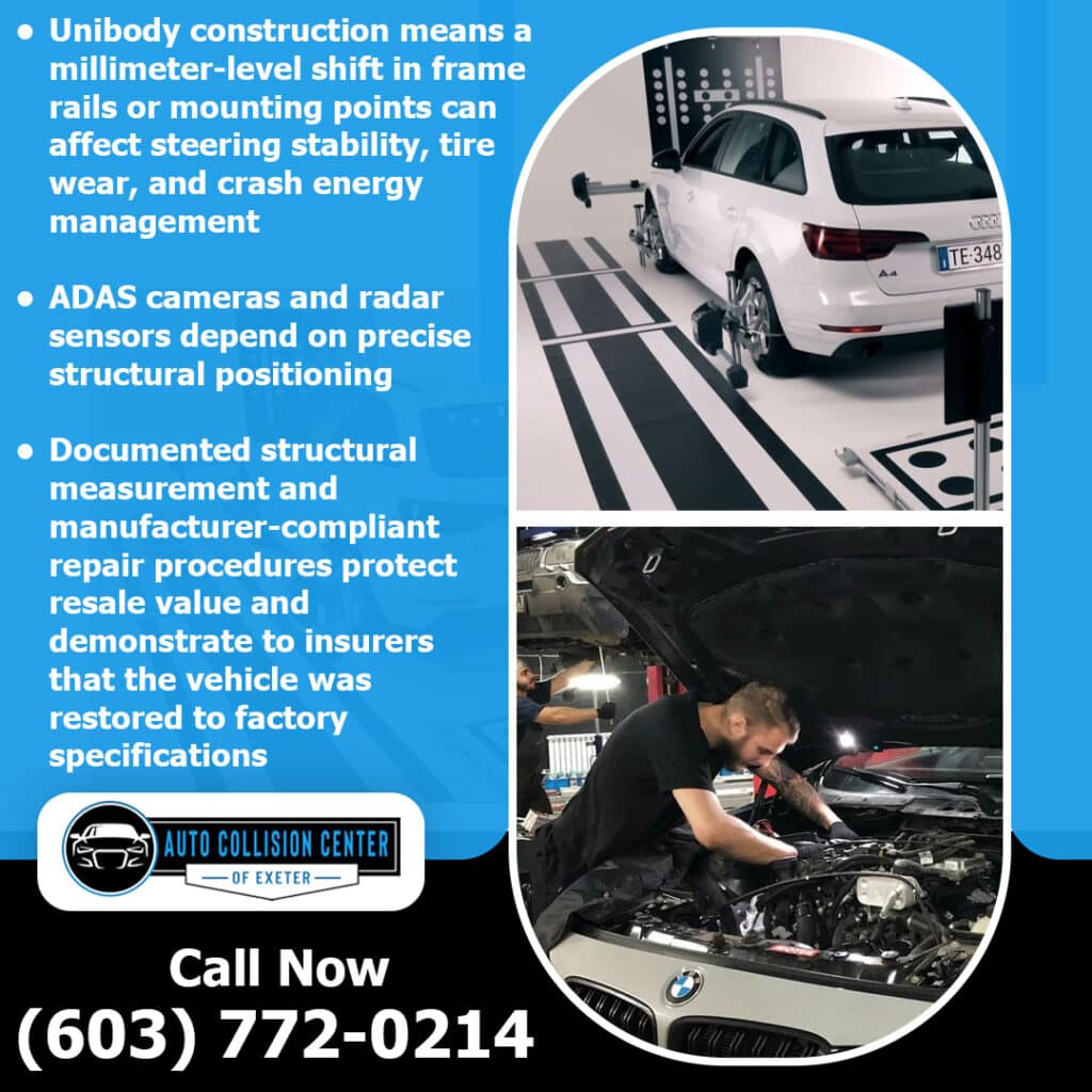 How Auto Body Repairs Restore Structural Alignment After an Accident 2 ADAS calibration and structural measurement being performed during OEM collision repair in Exeter New Hampshire