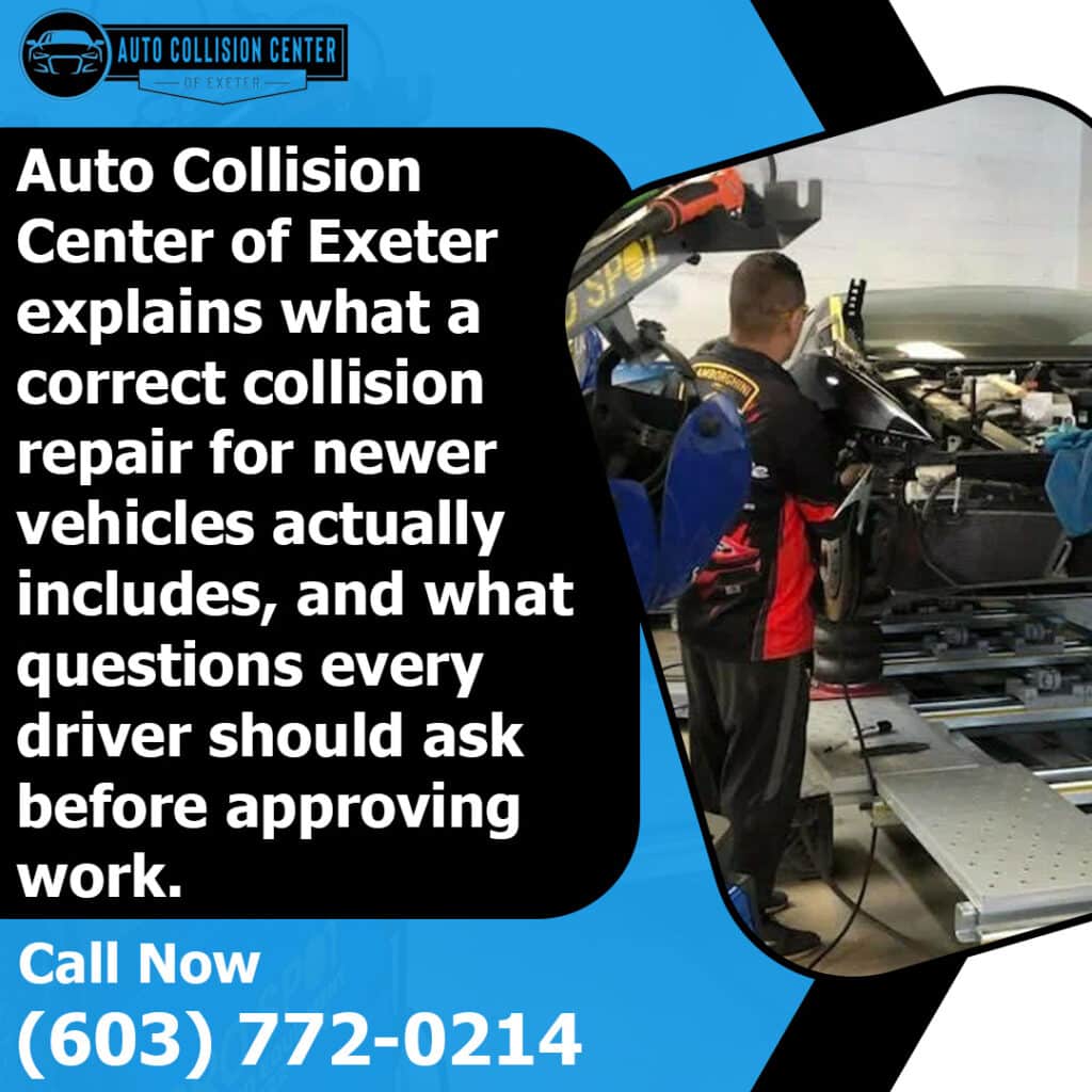 How Collision Repairs Are Different for Late-Model Vehicles 1 technician performing collision repair on modern vehicle frame following proper repair procedures in Exeter New Hampshire
