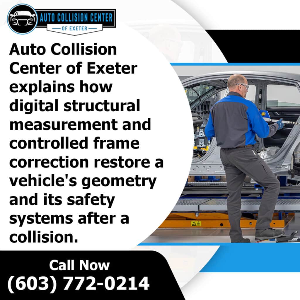 How Auto Body Repairs Restore Structural Alignment After an Accident 1 technician performing digital structural measurement and frame correction on vehicle during collision repair in Exeter New Hampshire