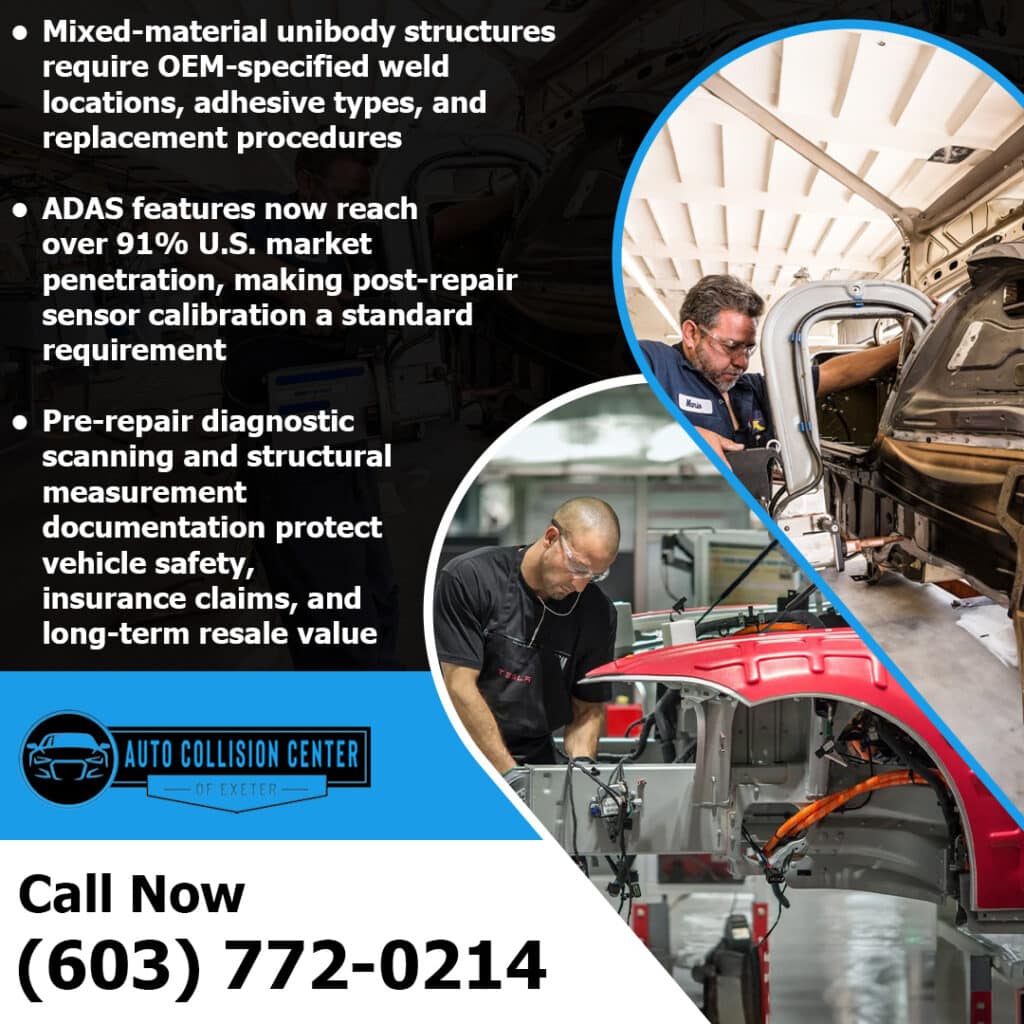 How Collision Repairs Are Different for Late-Model Vehicles 2 technicians performing OEM collision repair structural measurement and ADAS calibration on modern vehicle in Exeter New Hampshire
