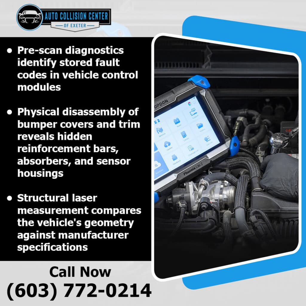 What a Full Auto Body Damage Inspection Really Includes 2 technician using diagnostic scanner and performing structural measurement during collision repair inspection in Exeter New Hampshire