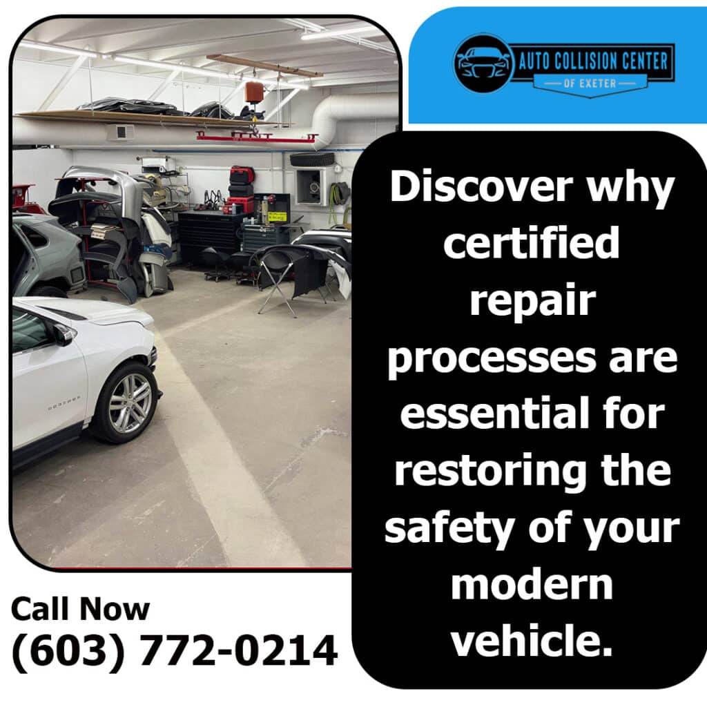How Certified Auto Body Repairs Differ From Standard Fixes 1 Interior of Auto Collision Center of Exeter with vehicles and body panels in a certified collision repair facility.
