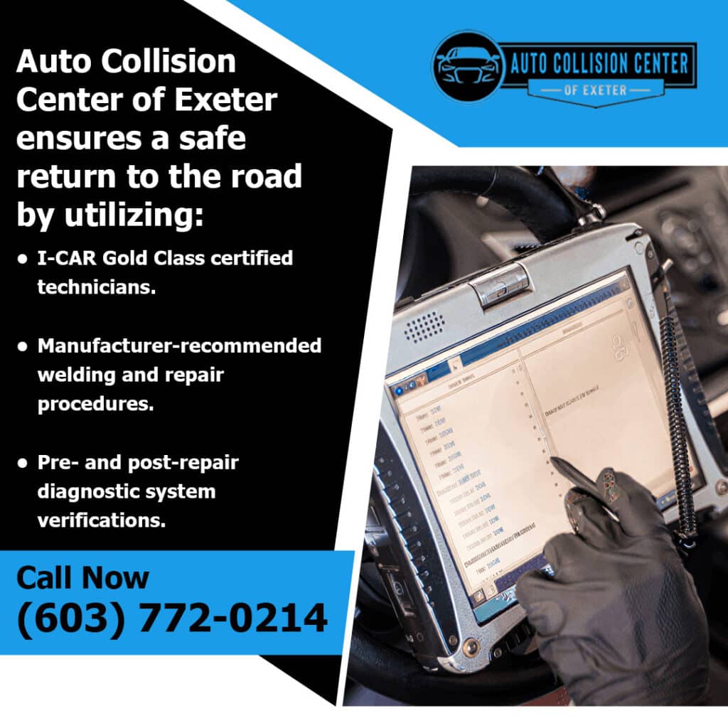 How Certified Auto Body Repairs Differ From Standard Fixes 2 Technician using a diagnostic scan tool at Auto Collision Center of Exeter for pre- and post-repair system verification.