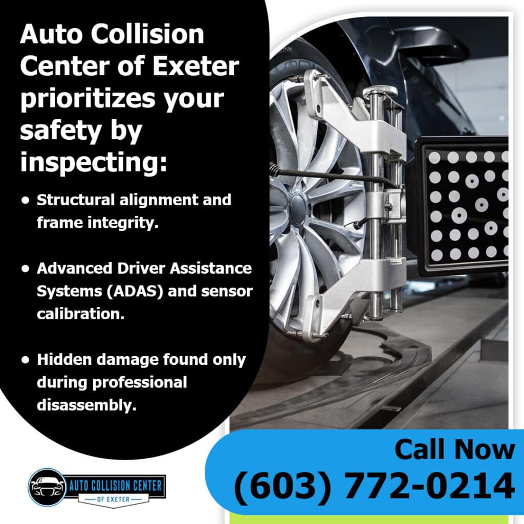 Why Collision Repair Costs Are Based on Damage, Not Appearance 2 Vehicle on alignment equipment at Auto Collision Center of Exeter for structural alignment and ADAS sensor inspection.