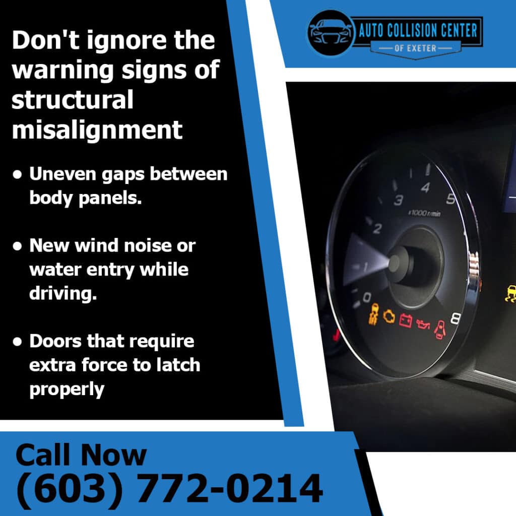 How Auto Body Damage Can Affect Door Fit, Panels, and Safety 2 Dashboard warning lights highlighting possible structural misalignment or hidden vehicle damage after a collision