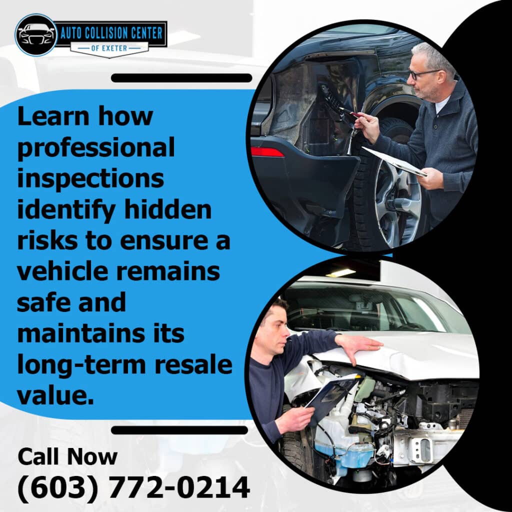Cosmetic vs Structural Auto Body Damage: Knowing the Difference 1 Collision damage inspection showing hidden risk assessment on damaged vehicles at Auto Collision Center of Exeter to support safety and long-term resale value