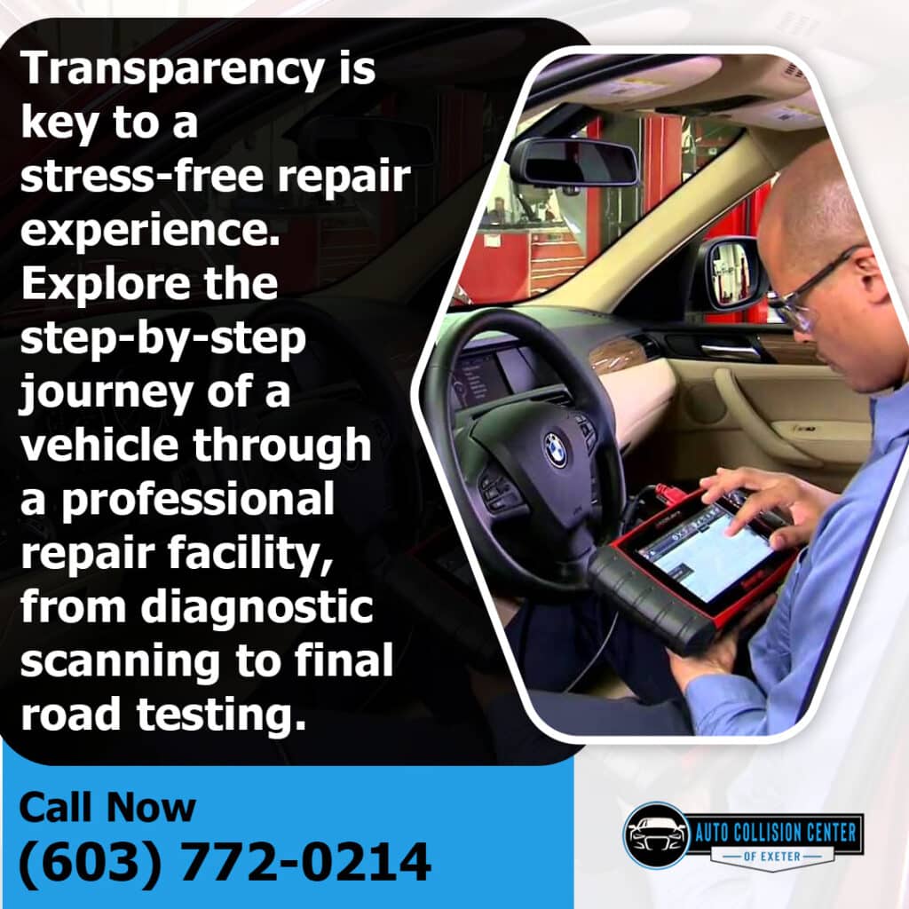 What to Expect When Your Vehicle Enters an Auto Body Repair Shop 1 Technician performing diagnostic scanning inside a vehicle at Auto Collision Center of Exeter as part of a transparent collision repair process from initial assessment to final road testing.