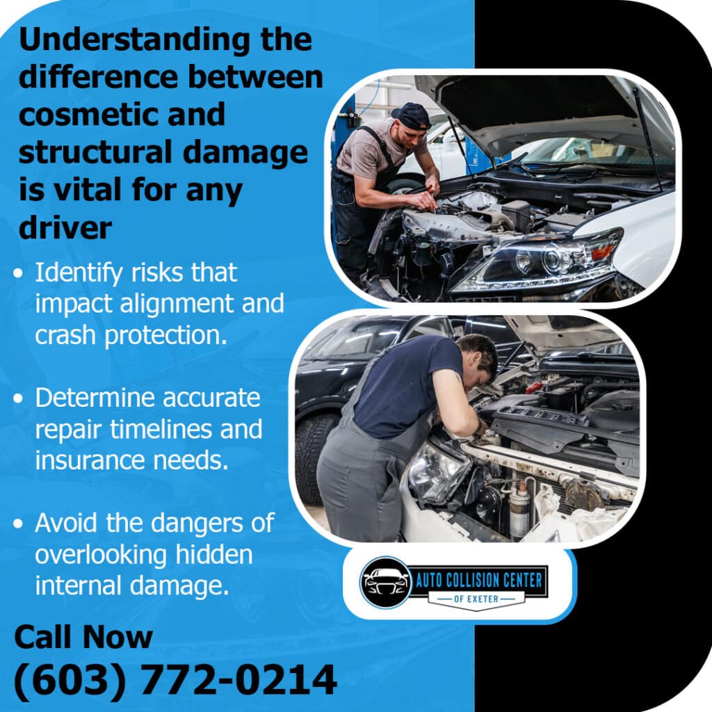 Cosmetic vs Structural Auto Body Damage: Knowing the Difference 2 Technicians inspecting cosmetic and structural collision damage at Auto Collision Center of Exeter to identify alignment risks, repair needs, and hidden internal damage