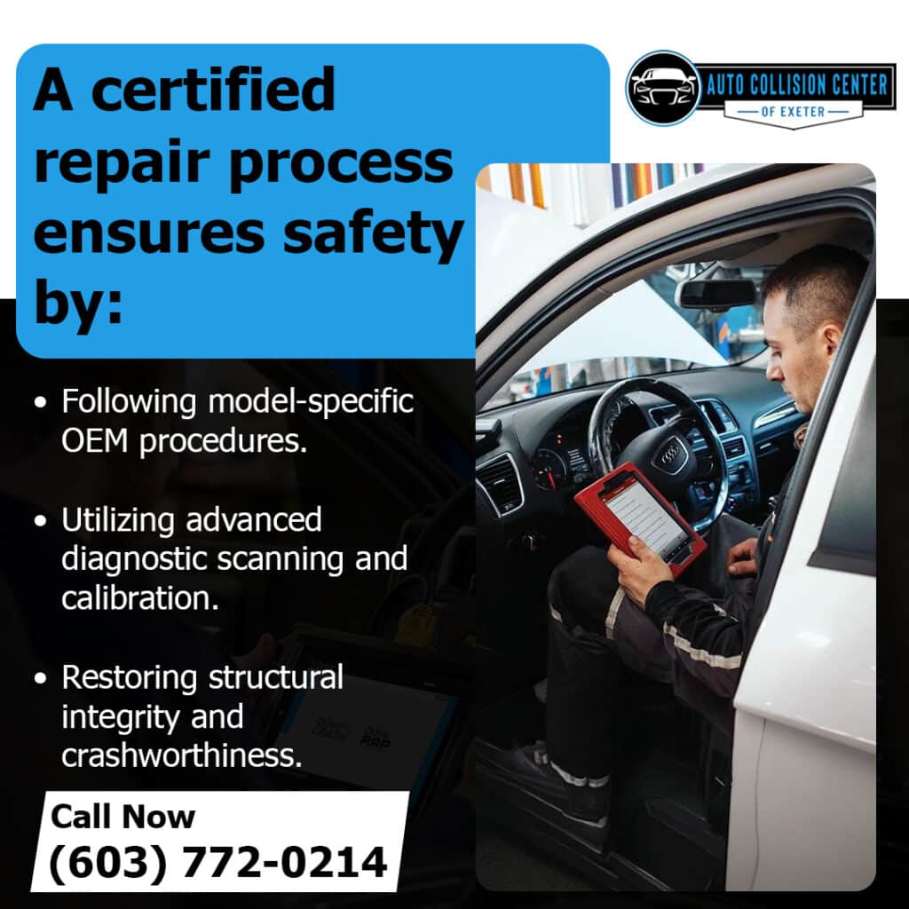What Certified Collision Repair Means for Today's Vehicles 2 Technician using advanced diagnostic scanning during OEM collision repair at Auto Collision Center of Exeter to restore structural integrity and vehicle safety