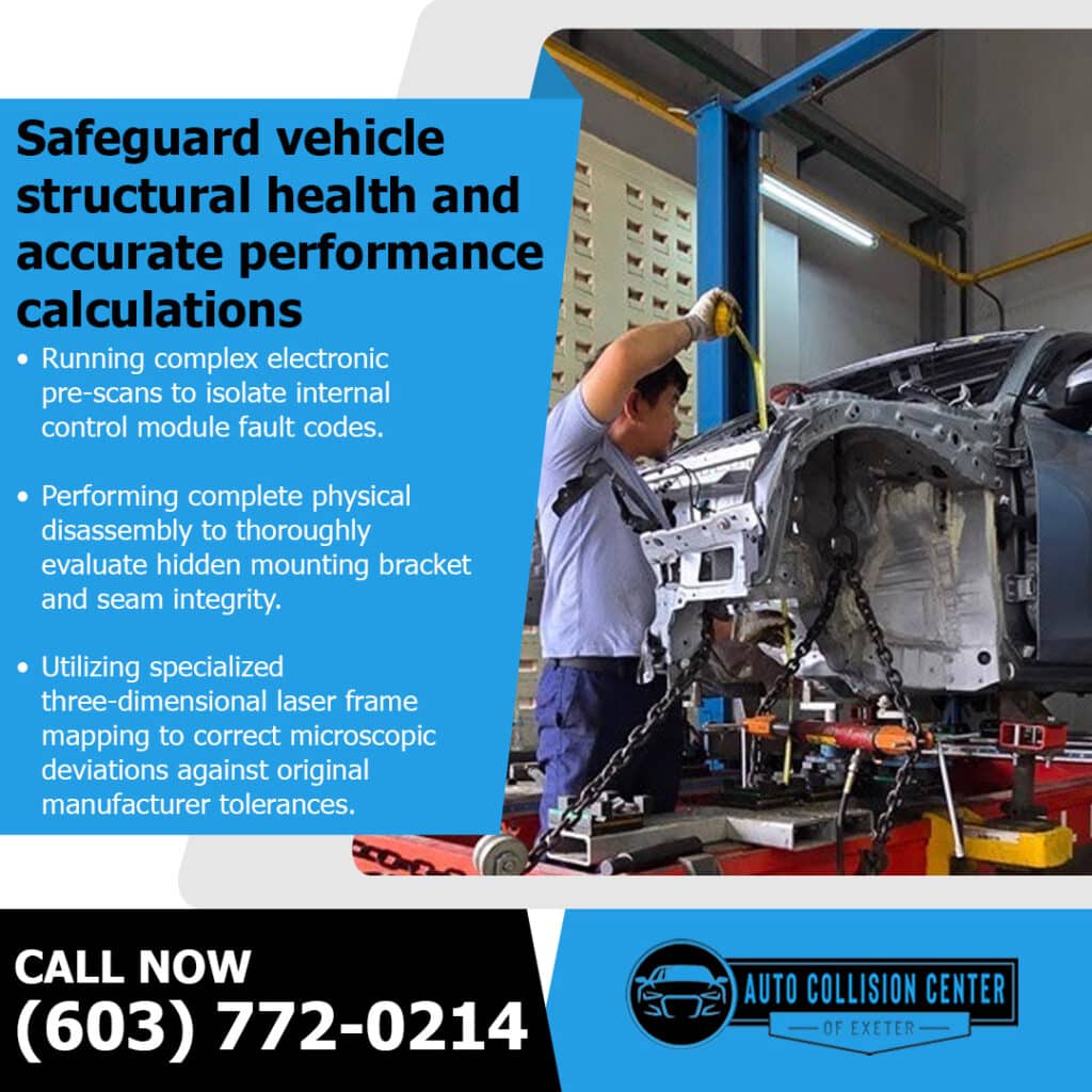 How Frame and Unibody Damage Is Identified After an Accident 2 Infographic from Auto Collision Center of Exeter listing steps to safeguard vehicle structural health using laser frame mapping.