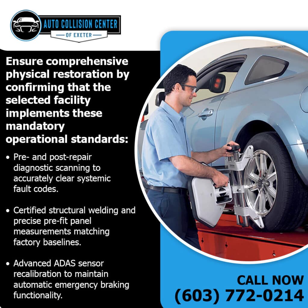 Why Local Auto Body Repair Quality Matters More Than Speed 2 Infographic from Auto Collision Center of Exeter listing mandatory physical restoration standards, featuring a wheel alignment check.