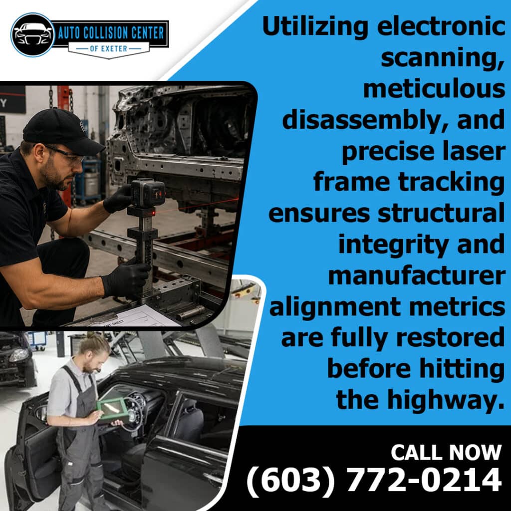 How Frame and Unibody Damage Is Identified After an Accident 1 Graphic from Auto Collision Center of Exeter on restoring structural integrity with laser frame tracking and electronic scanning.