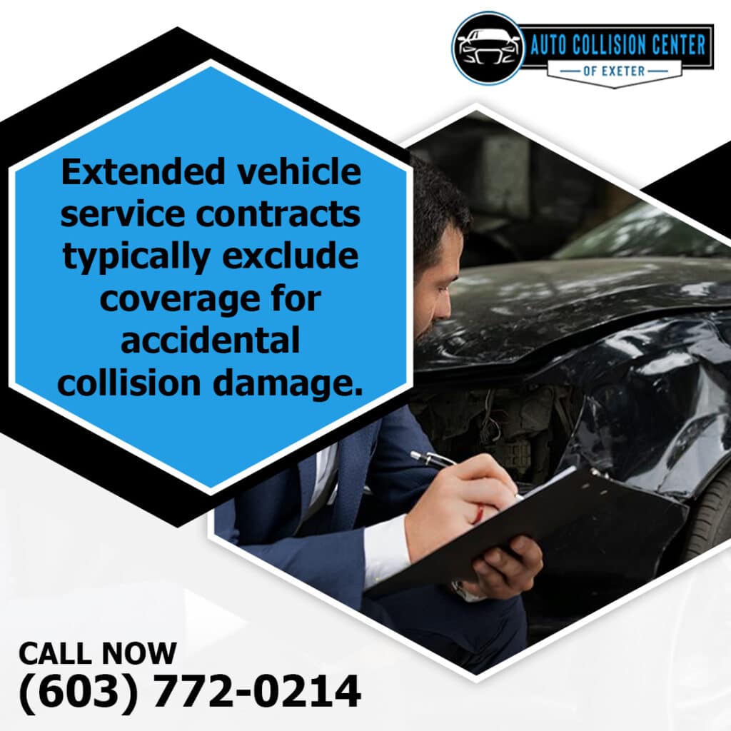 Does Collision Repair Affect Extended Vehicle Warranty or Service Contract? 1 An insurance adjuster taking notes on a clipboard in front of a damaged black car with prominent fender collision damage.
