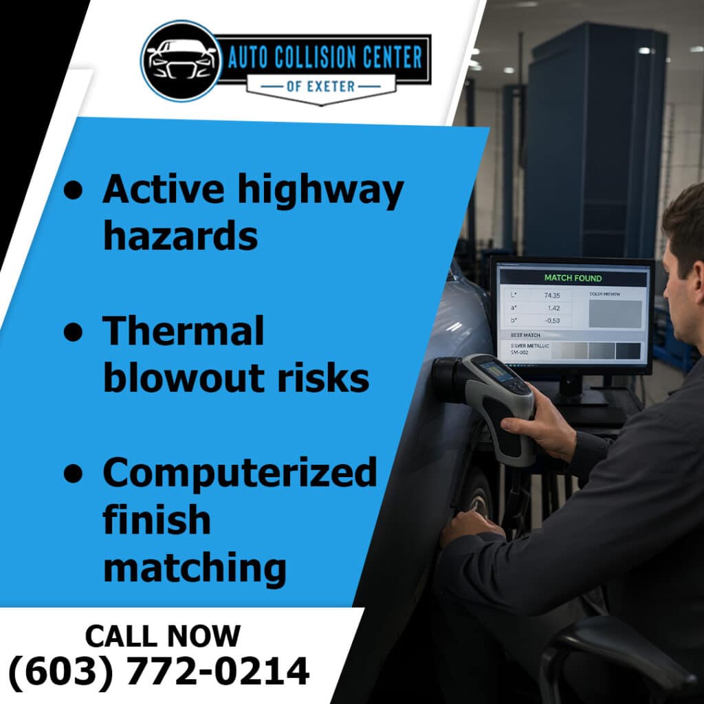 Summer Driving Conditions That Commonly Lead to Auto Body Damage 2 A technician using a digital spectrophotometer against a car panel to achieve computerized paint color matching with a monitor display showing color values.