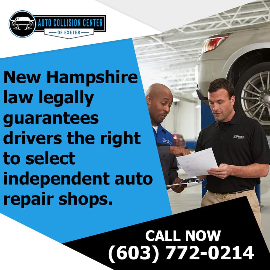 Can You Choose Your Own Auto Body Shop After an Accident in New Hampshire? 1 Two service advisors reviewing repair paperwork beneath an elevated vehicle in an auto repair bay next to text explaining New Hampshire's right to choose repair shops.