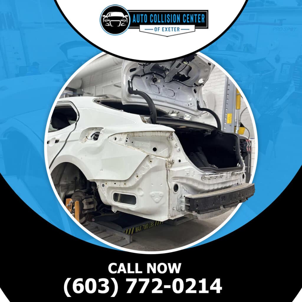 Does Collision Repair Affect Extended Vehicle Warranty or Service Contract? 2 A white sedan undergo rear-end collision repair with its bumper removed and trunk open inside an auto body repair bay.