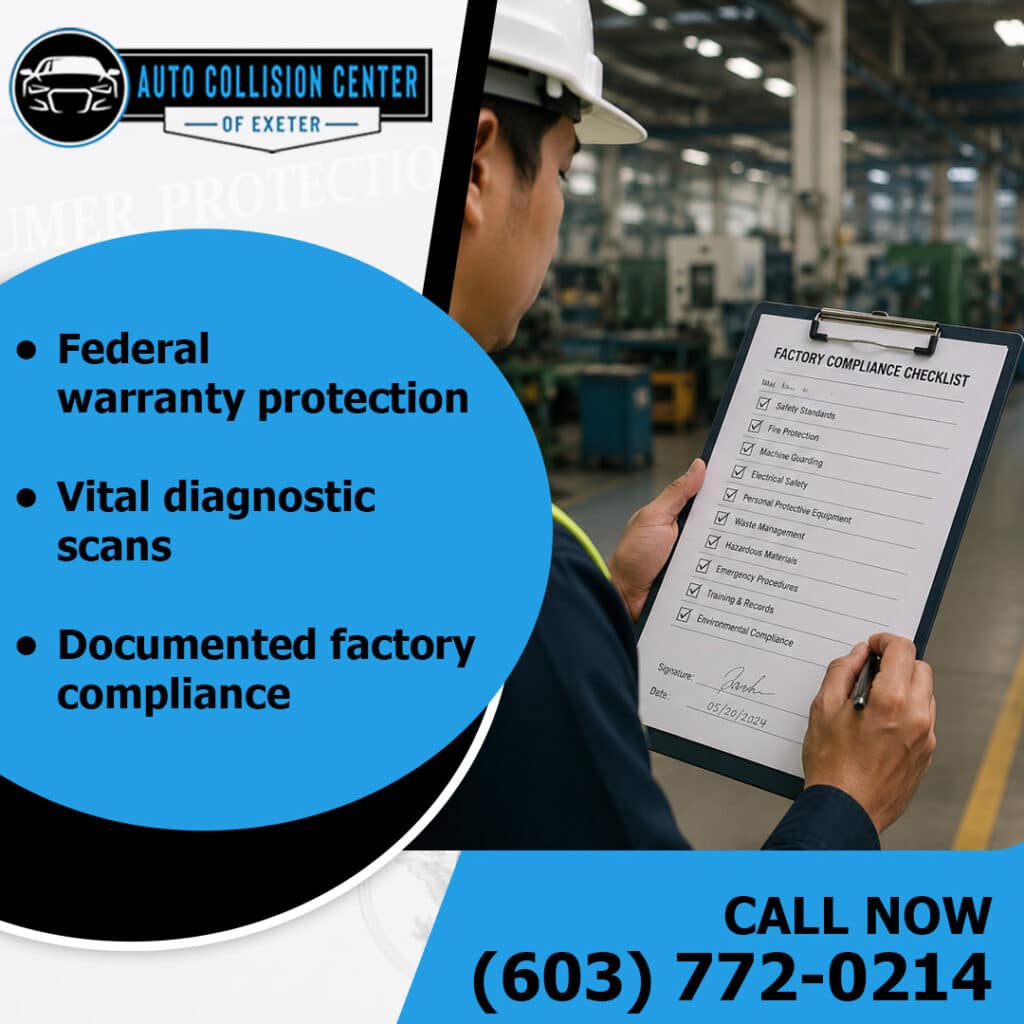 Can Skipping Manufacturer Procedures Void Your Collision Repair Warranty? 2 A technician holding a hard hat inspecting a factory compliance checklist clipboard alongside key points covering warranty protection and diagnostic scans.