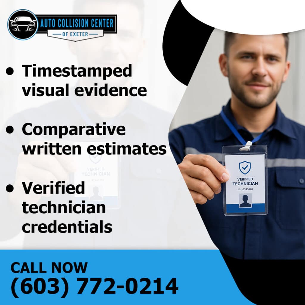 What Should You Do Before Bringing Your Vehicle to an Auto Body Shop? 2 An auto repair technician holding up a verified technician ID card next to bulleted services including timestamped evidence and written estimates.