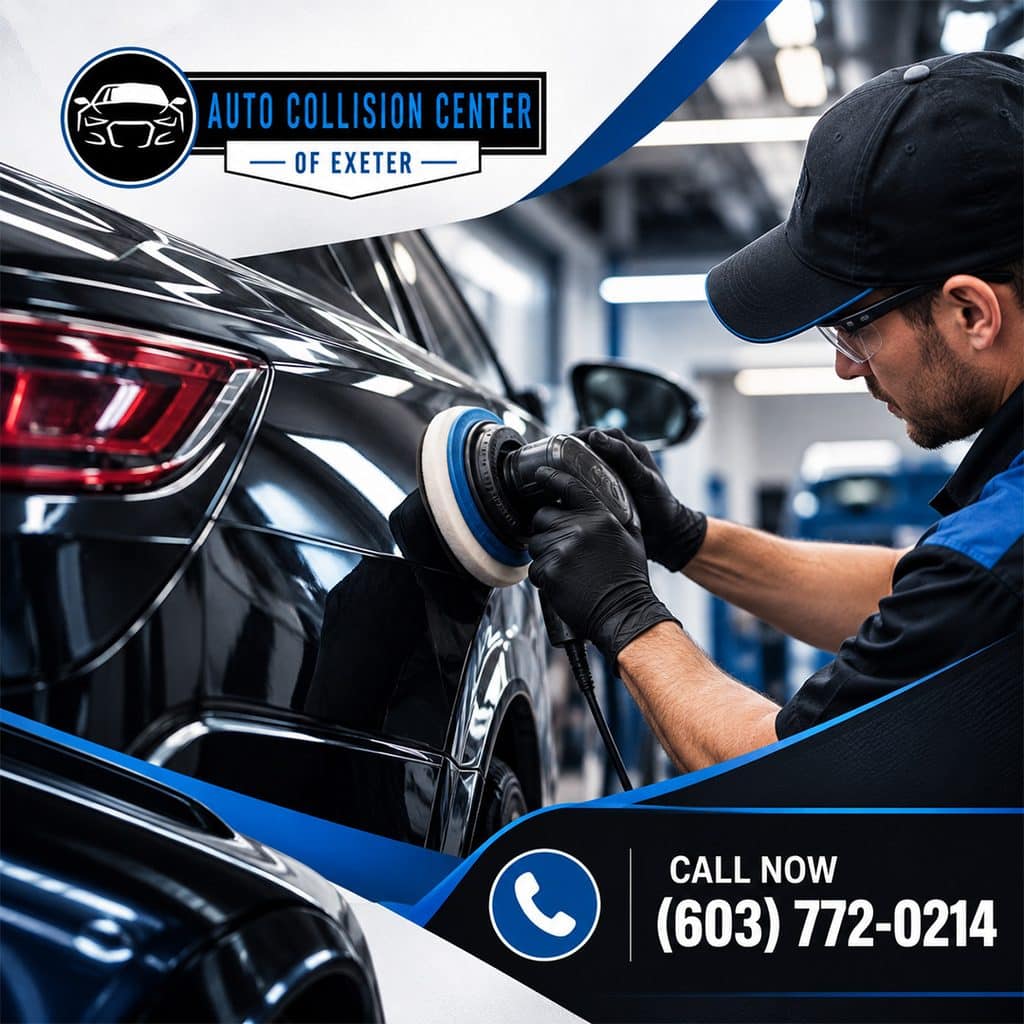 A technician using a rotary buffer to polish the black paint finish of a car at Auto Collision Center of Exeter.