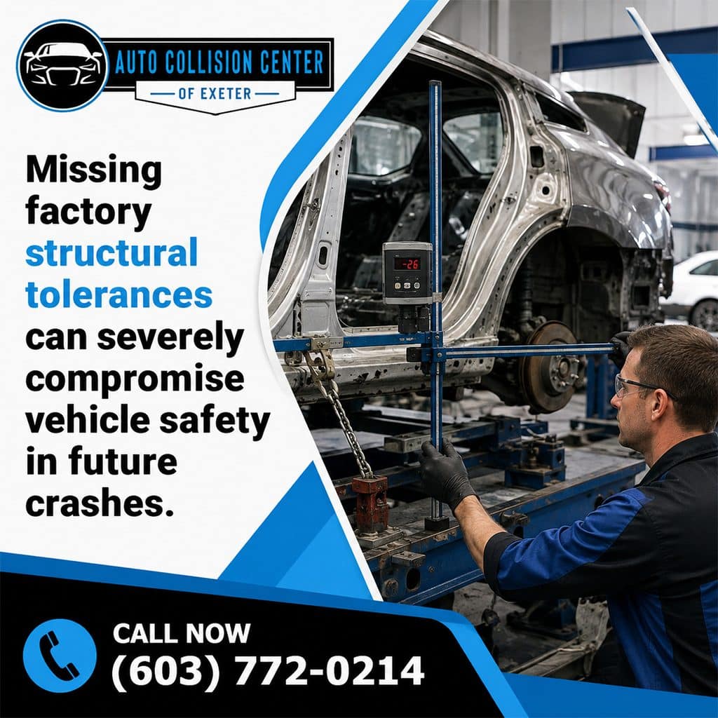 A technician measures car frame structural tolerances at Auto Collision Center of Exeter, with text warning that missing factory tolerances can severely compromise vehicle safety in future crashes.