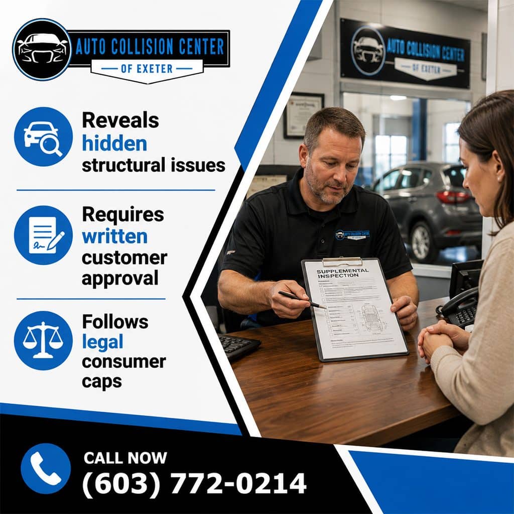 A service advisor presenting a supplemental inspection document to a customer at Auto Collision Center of Exeter, highlighting that the process reveals hidden structural issues, requires written customer approval, and follows legal consumer caps.