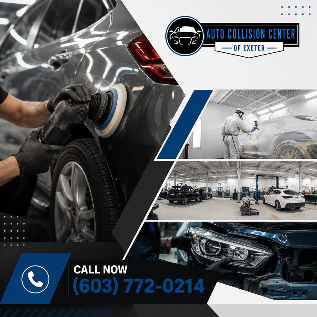 A collage showcasing services at Auto Collision Center of Exeter, featuring paint polishing, a technician in protective gear spraying paint, workshop repair bays, and front-end vehicle assembly.