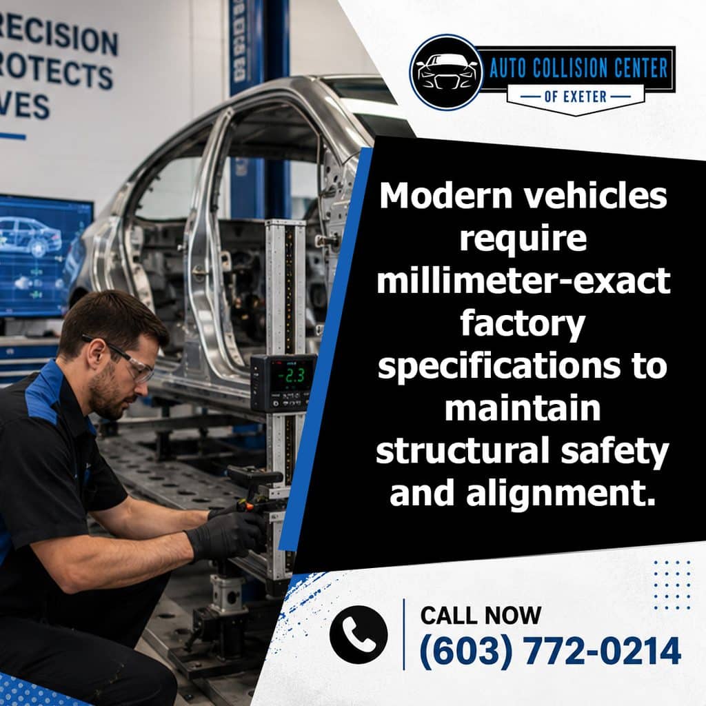 A technician using digital measuring equipment to verify frame alignment on a vehicle chassis at Auto Collision Center of Exeter, with text highlighting that modern vehicles require millimeter-exact factory specifications to maintain structural safety and alignment.