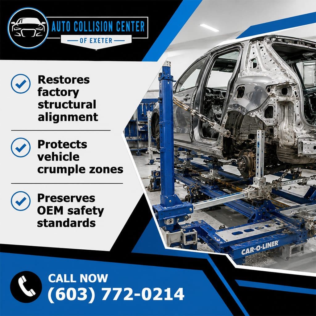 A car chassis mounted on a structural alignment machine at Auto Collision Center of Exeter, highlighting that the service restores factory structural alignment, protects vehicle crumple zones, and preserves OEM safety standards.